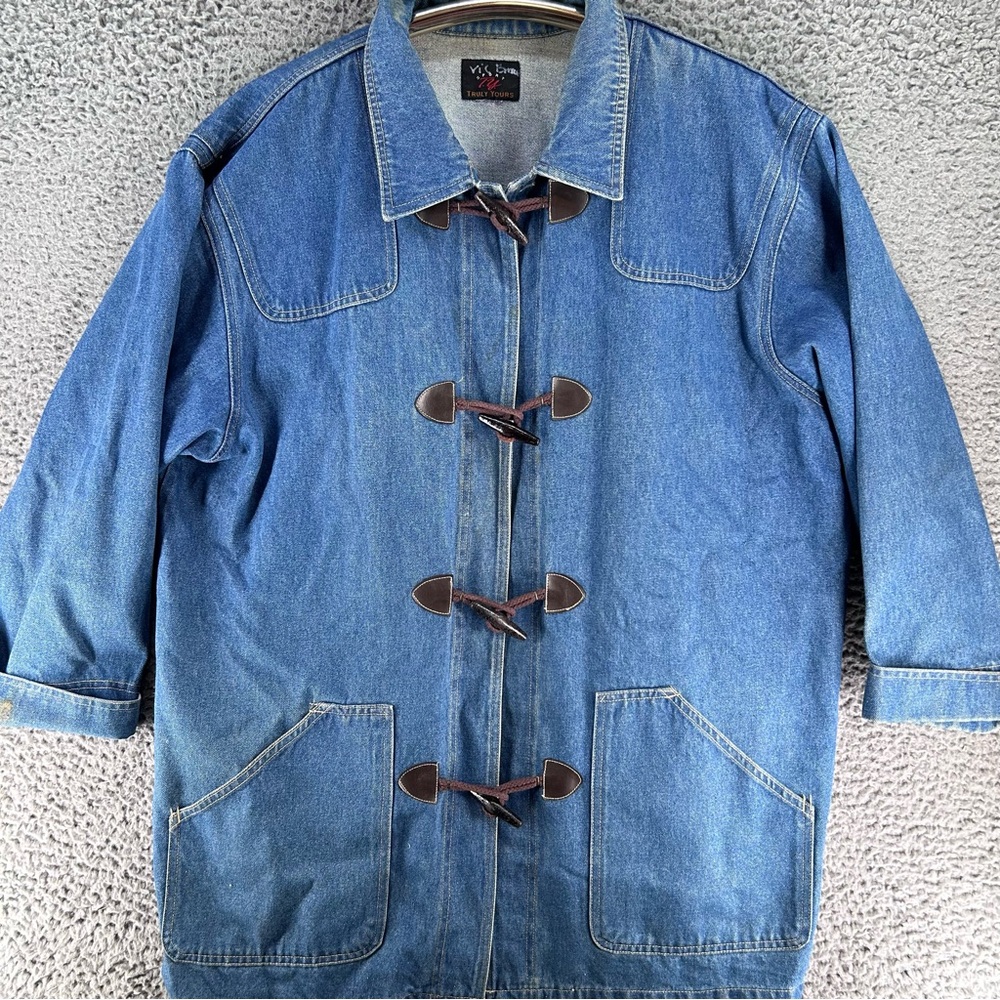Vintage 90s Long Denim Chore Jacket Size 2X Everyday Toggles Boho Cottagecore